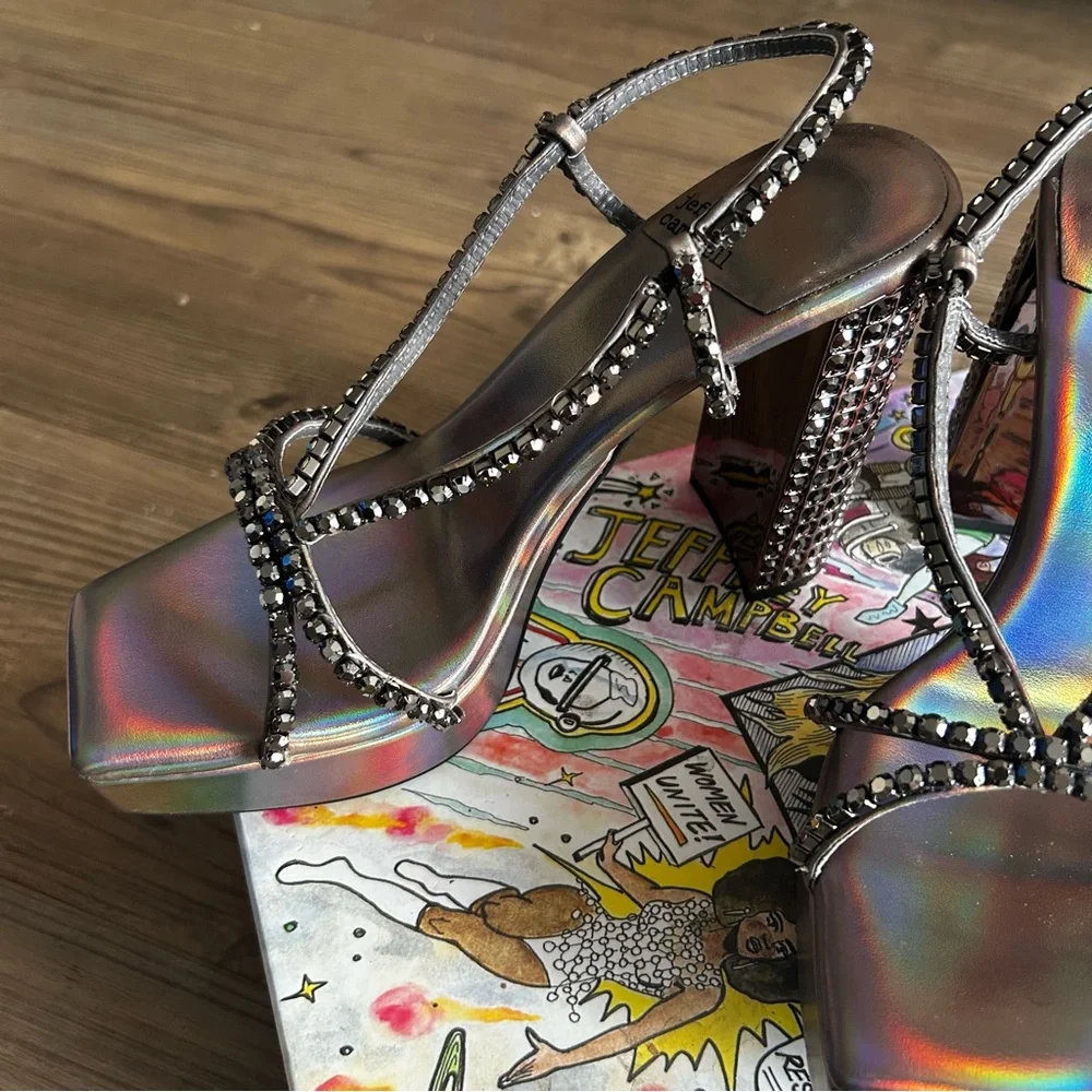 Jeffrey Campbell Metallic Strappy Platform Rhinestones Heels Sandals. Size 7